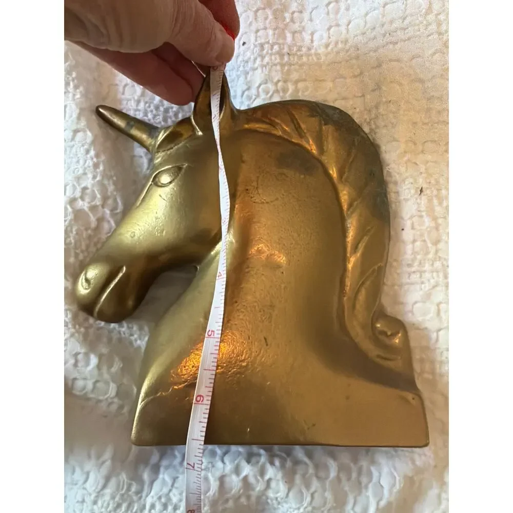 Vintage Brass Unicorn Head Bookends Pair Mid Century Fantasy Decor Heavy Metal